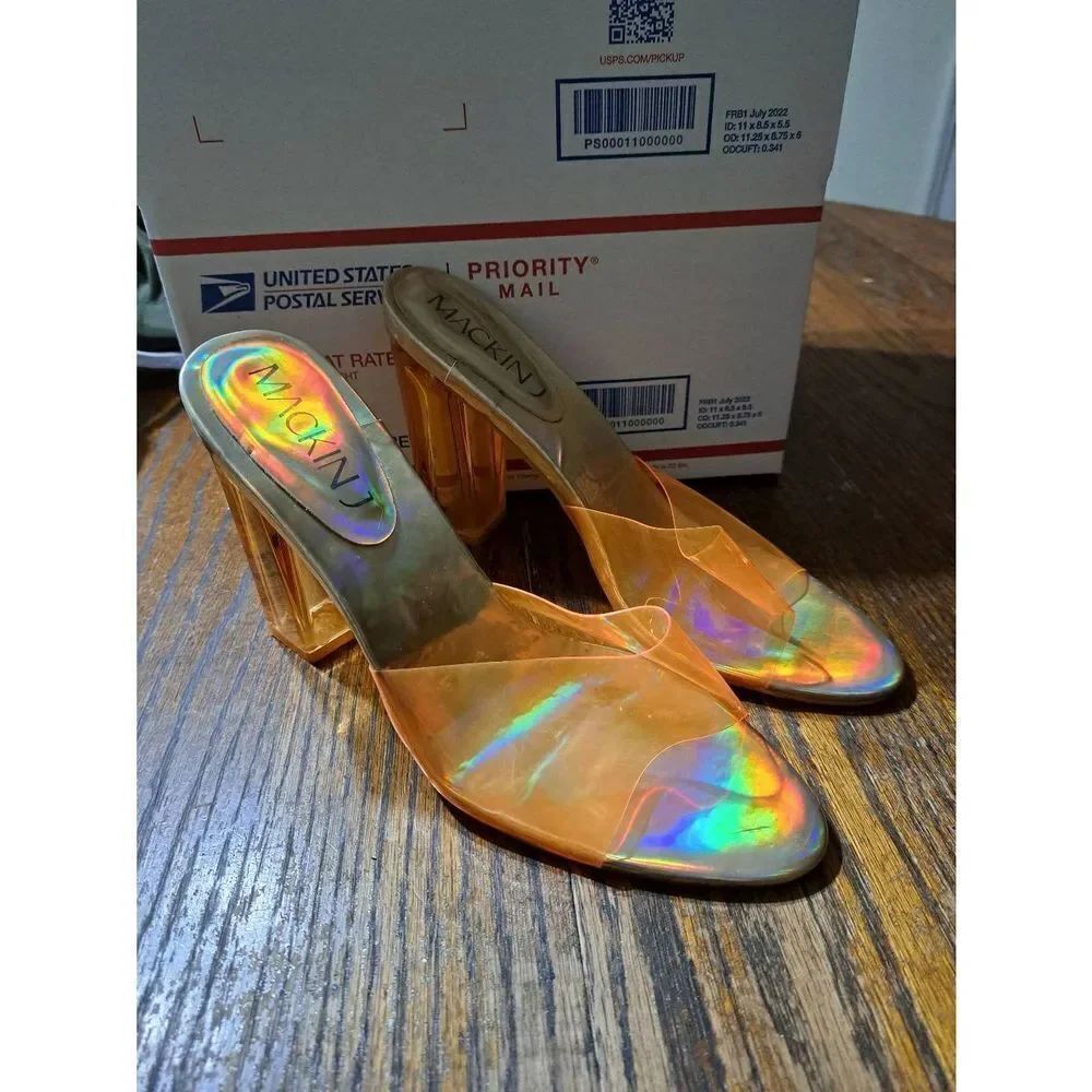 9 Mackin J Orange Transparent Open Toe Acrylic Slip On Chunky High Heel Shoes
